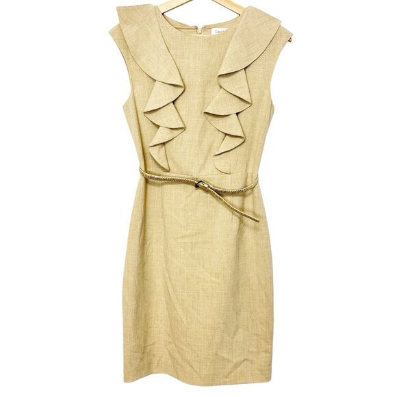 Calvin Klein Pencil Dress Beige Ruffles Sleeveless Gold Belted Preppy Corpcore 4 - Picture 2 of 10